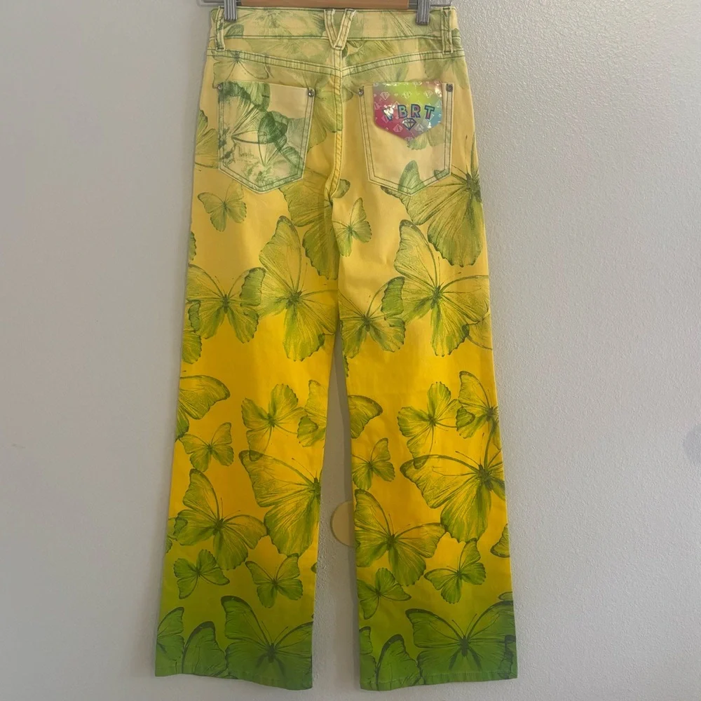 NWT VBRT Vibrant Miu Butterfly Print Yellow Green Wide Leg Fairycore Jeans S - Picture 9 of 13